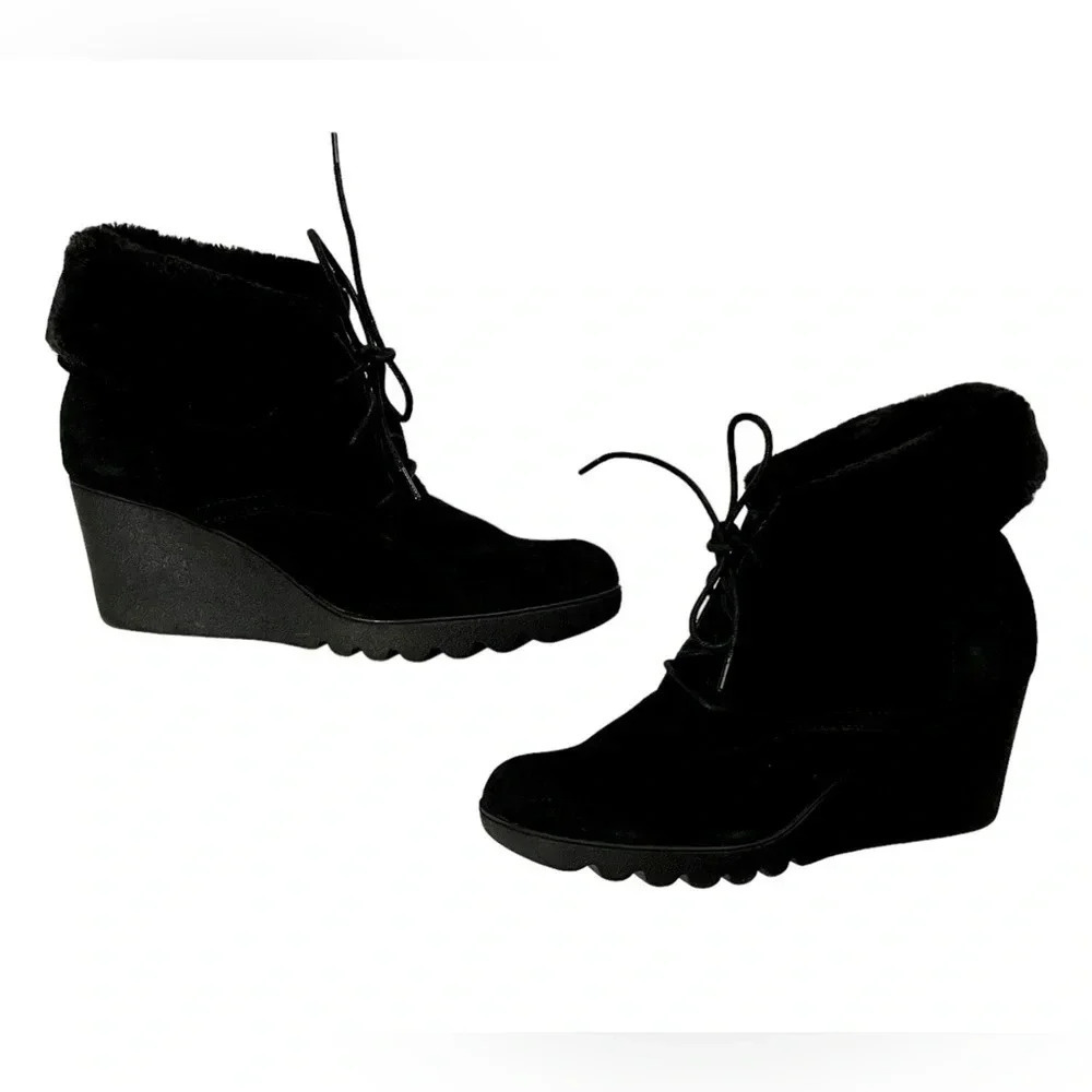 Donald J. Pliner Black Maxxi Leather Suede Wedge Ankle Boots - Picture 2 of 5